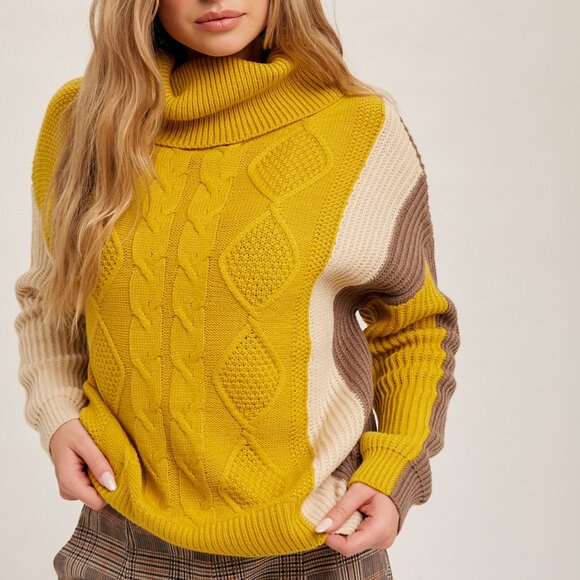 HEM & THREAD Mustard Brown Cream Colorblock Turtleneck Sweater, Chunky Cable - Picture 6 of 9